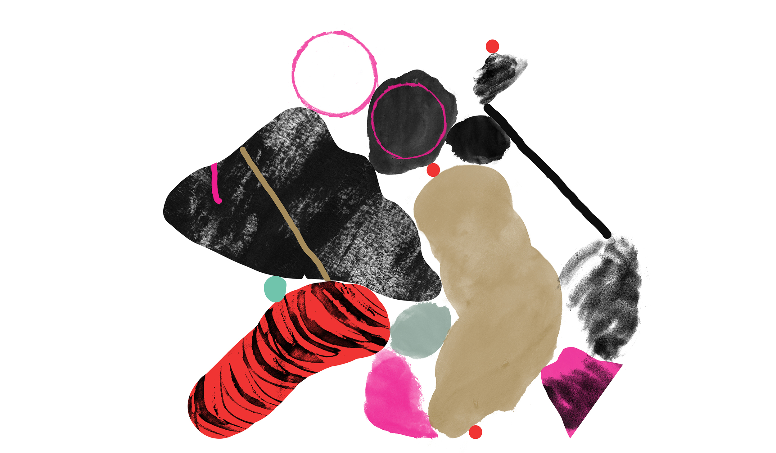 Abstract illustration of round and wobbly shapes in beige, black, pink, red and grey. They are lumped together.