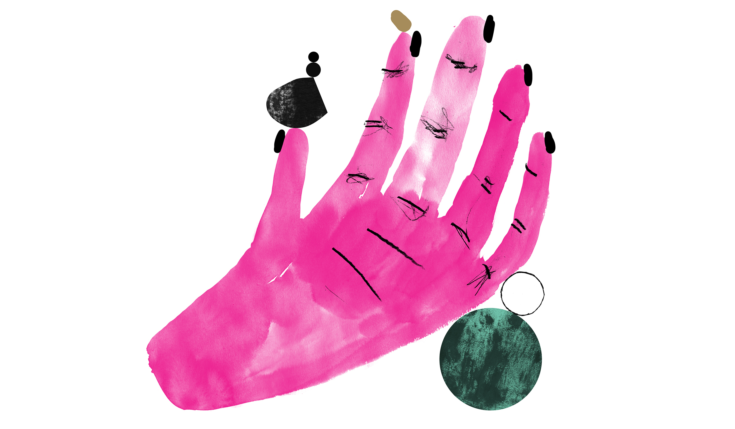 Illustration of a pink hand with black nails, balancing on a green circle and balancing round shapes on the finger tips.