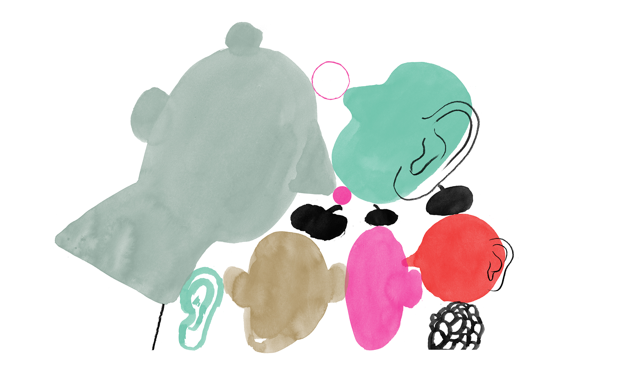 Illustration of abstract head shapes in grey, turquiose, pink, red and beige. There's also a figure of an ear. Some of the heads have small hats on. They are facing each other.