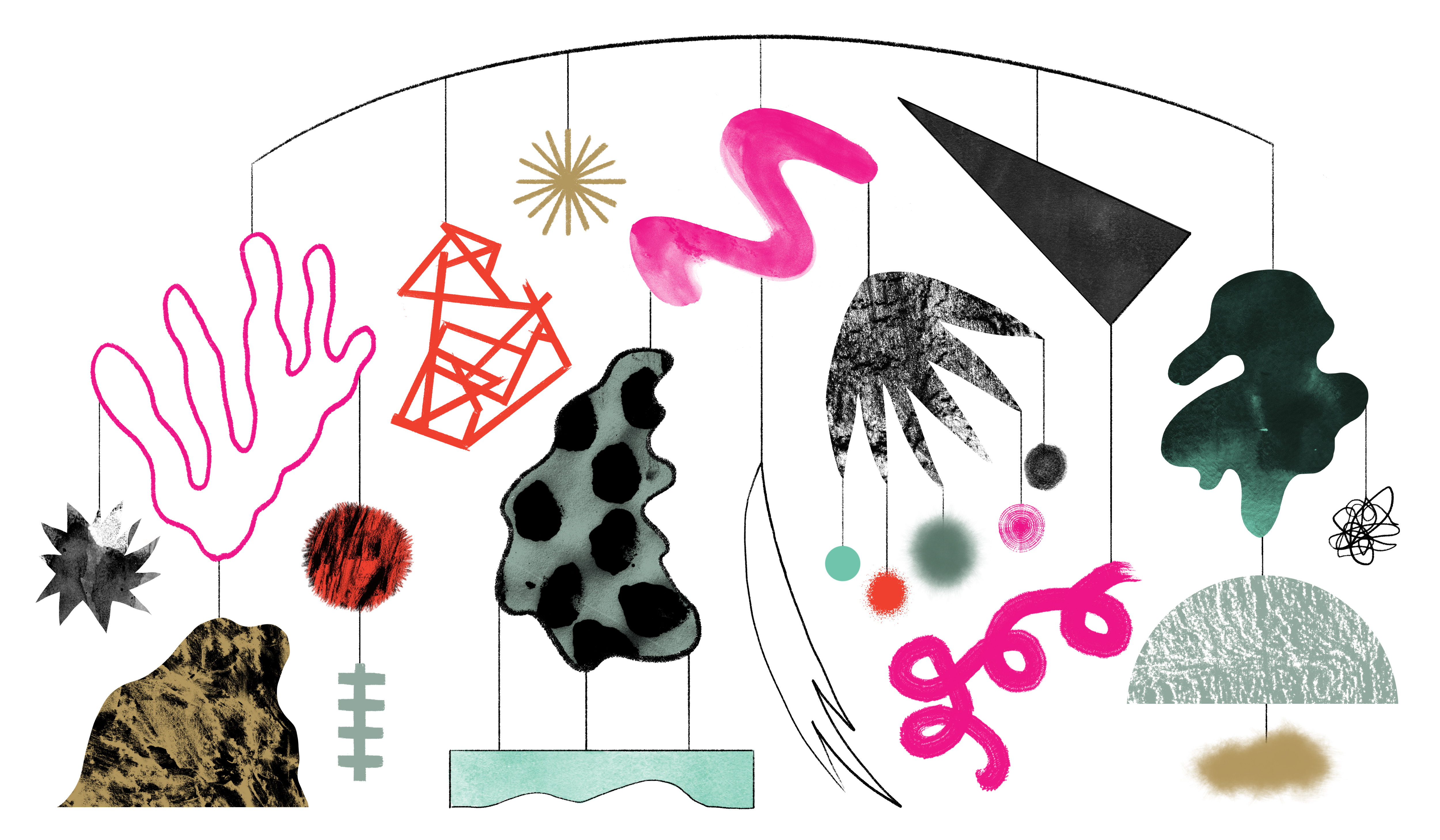 An abstract illustration of many different shapes and figures, in pink, green, grey, beige and black. Some pointy, some wavy, some doodles.