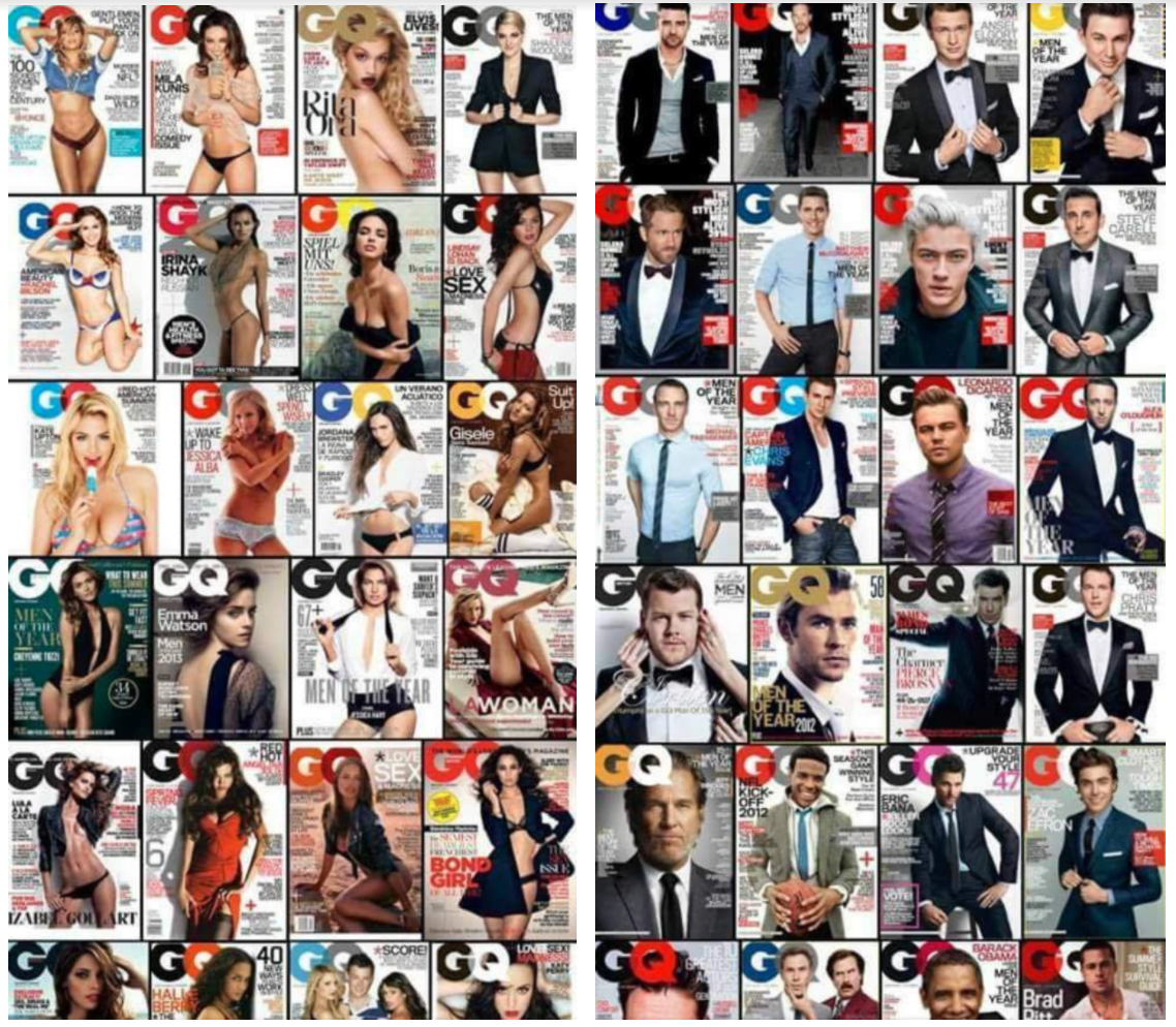 Mange magasinforsider fra GQ hvor alle kvinnene på forsiden er avbildet med lite klær og i helfigur og i seksualiserte positurer, mens alle menn er avbildet i dress og med et bestemt blikk rett inn i kamera.