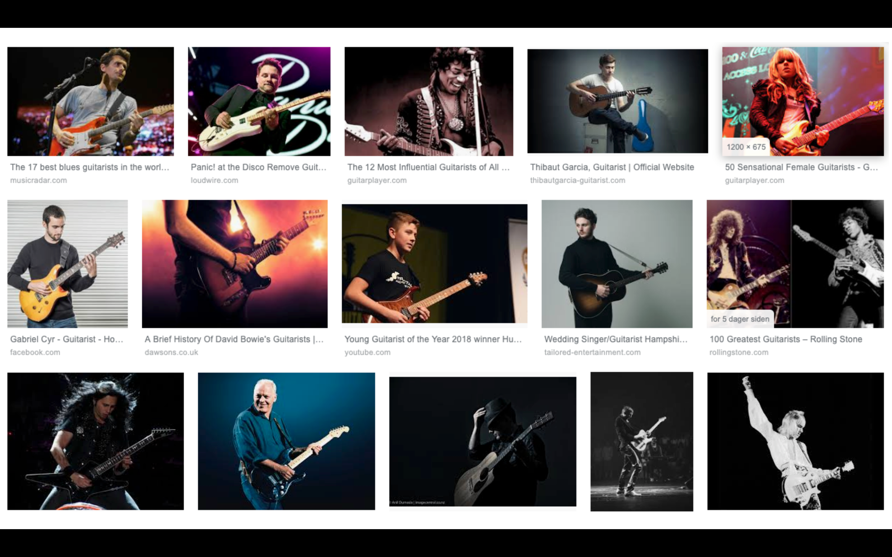 Bildesøk for "guitarist" viser 15 bilder. Ett bilde er av en kvinne, resten er menn. Under bildet av kvinnen står det "female guitarist", det andre er bare "gitarist". To at bildene viser Jimi Hendix, og de resterende er hvite menn.